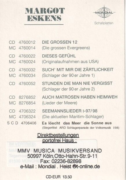 Autogramm Schlager | Margot ESKENS | 1998 "Es Löscht Das Meer" (Portrait Color Mondial)