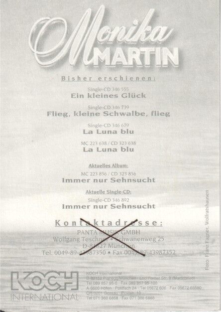 Autogramm Schlager | Monika MARTIN | 1997 "Immer Nur Sehnsucht" (Portrait Color Koch)
