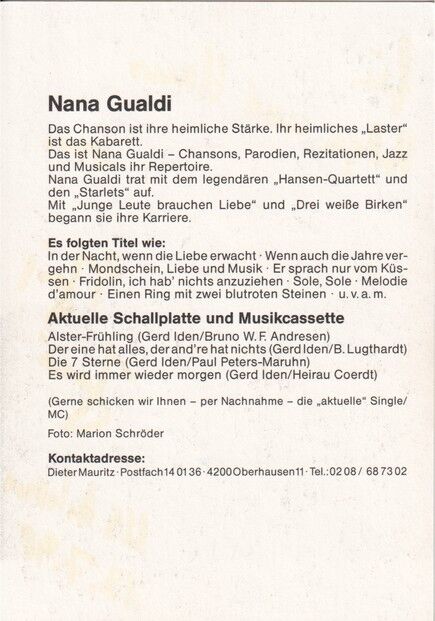 Autogramm Chanson | Nana GUALDI | 1990er (Portrait Color) Diskografie