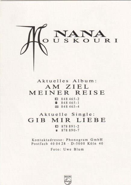 Autogramm Pop (GRC) | Nana MOUSKOURI | 1984 "Am Ziel Meiner Reise" (Portrait Color Philips)