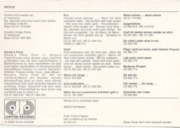 Autogramm Schlager | NICOLE | 1997 "Nicoles Party" (Portrait Color Jupiter)