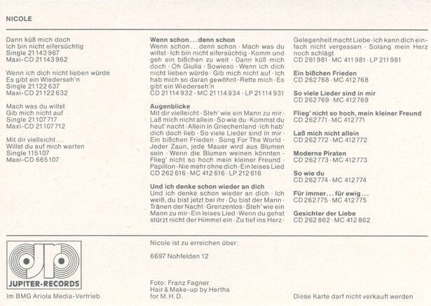 Autogramm Schlager | NICOLE | 1992 "Wenn Schon" (Portrait SW Jupiter)