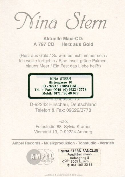 Autogramm Schlager | Nina STERN | 1997 "Herz Aus Gold" (Portrait Color Ampel)
