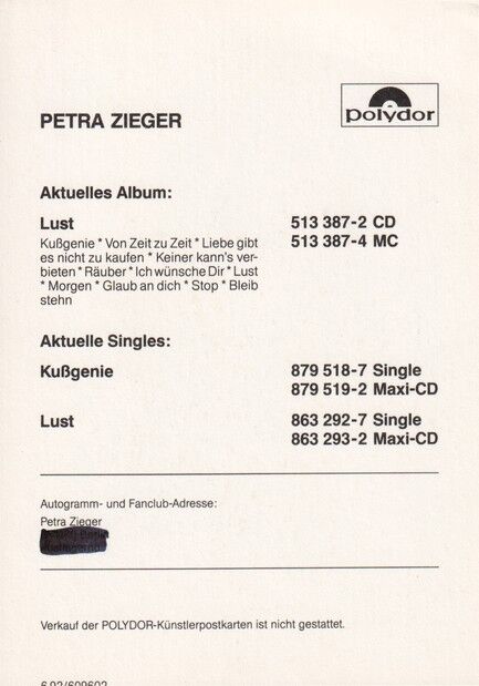 Autogramm Rock | Petra ZIEGER | 1992 "Lust" (Portrait Color Polydor)