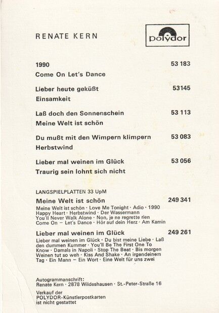 Autogramm Schlager | Renate KERN | 1969 "1990" (Portrait Color Polydor)