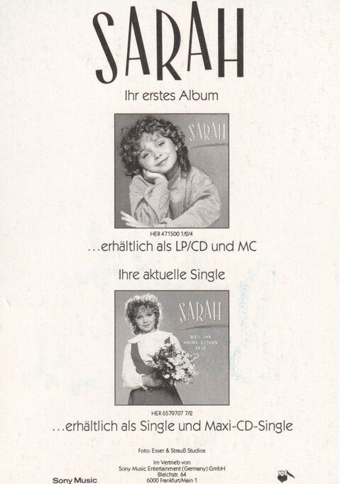 Autogramm Schlager | SARAH (Kinderstar) | 1992 "Sarah" (Portrait Color Herzklang)