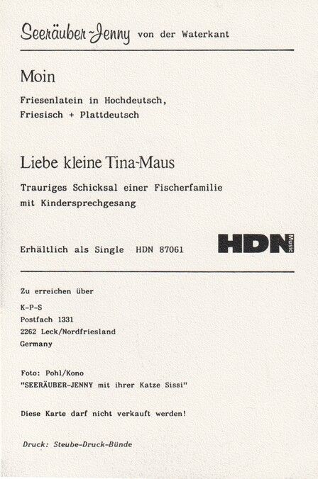 Autogramm Mundart | SEERÄUBER-JENNY | 1980er "Moin" (Portrait SW HDN) 3