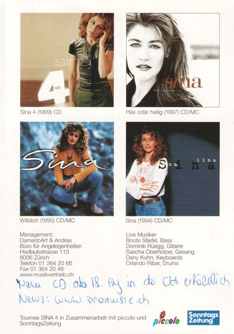 Autogramm Schlager | SINA | 1999 "Sina 4" (Portrait Color)
