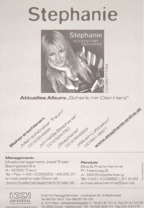 Autogramm Schlager | STEPHANIE (Kinderstar) | 2006 "Schenk Mir Dein Herz" (Portrait Color Koch)
