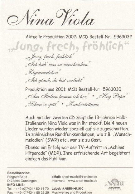 Autogramm Schlager | Nina VIOLA | 2002 "Jung Frech Fröhlich" (Portrait Color Aneri)