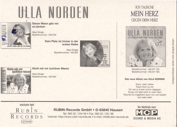Autogramm Schlager | Ulla NORDEN | 2000 "Ich Tausche Mein Herz" (Portrait Color Rubin)