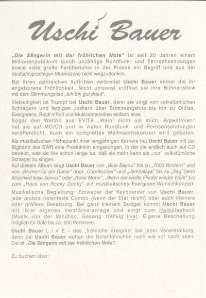 Autogramm Volksmusik | Uschi BAUER | 1990er (Portrait Color) 2