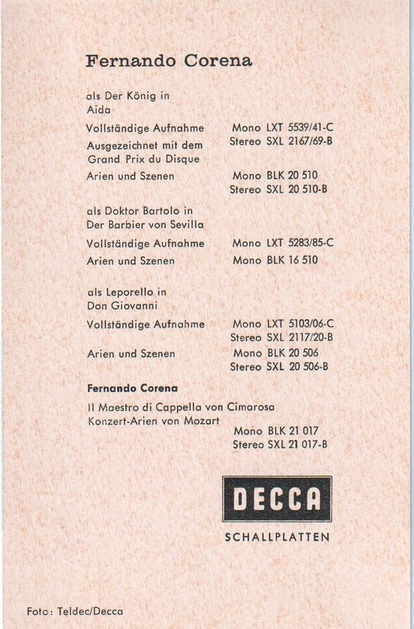 Autogramm Klassik | Fernando CORENA | 1970er (Portrait SW Decca)