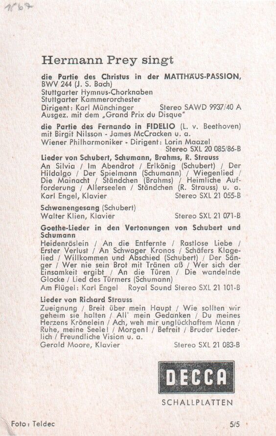 Autogramm Klassik | Hermann PREY | 1970er (Portrait SW Decca)