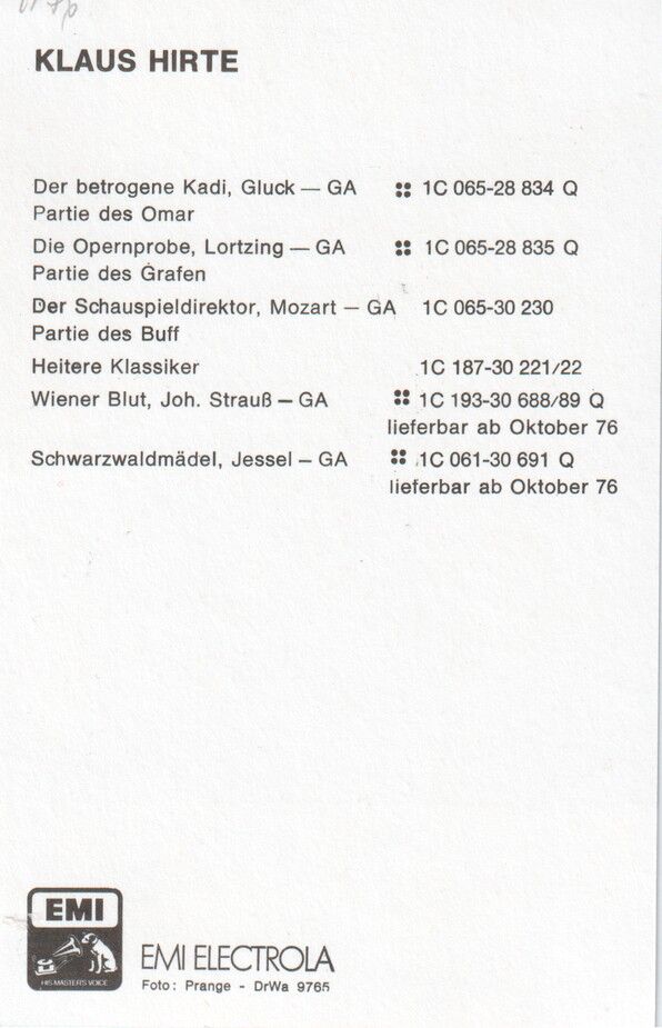 Autogramm Klassik | Klaus HIRTE | 1970er (Portrait SW EMI)