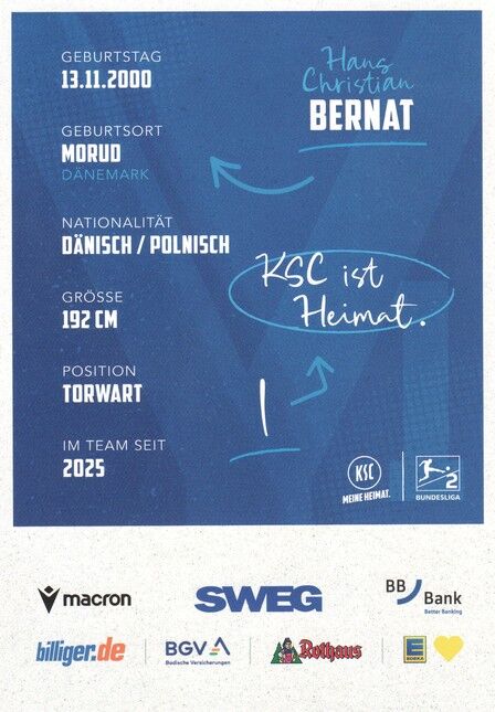 Autogramm Fussball | Karlsruher SC | 2025 | Hans Christian BERNAT