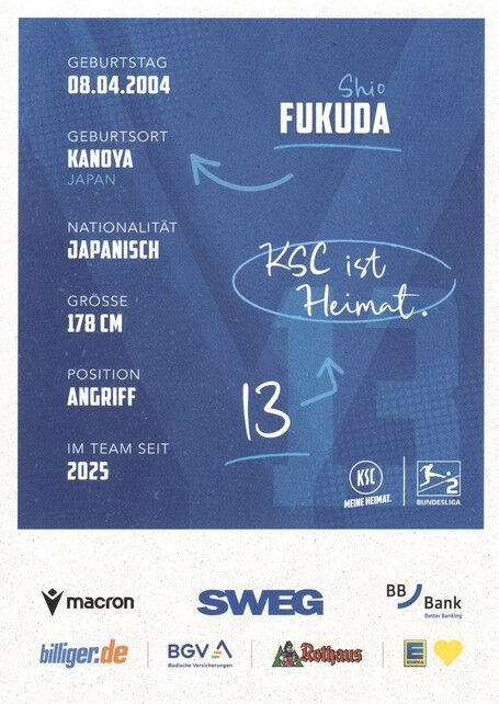 Autogramm Fussball | Karlsruher SC | 2025 | Shio FUKUDA