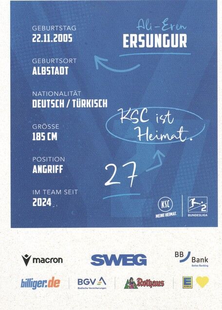 Autogramm Fussball | Karlsruher SC | 2025 | Ali-Eren ERSUNGUR