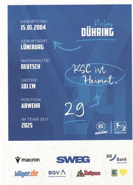Autogramm Fussball | Karlsruher SC | 2025 | Niclas DÜHRING
