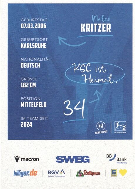 Autogramm Fussball | Karlsruher SC | 2025 | Mateo KRITZER