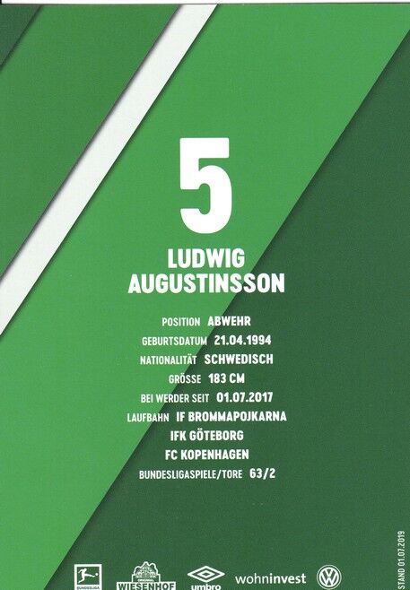 Autogramm Fussball | SV Werder Bremen | 2019 Druck | Ludwig AUGUSTINSSON