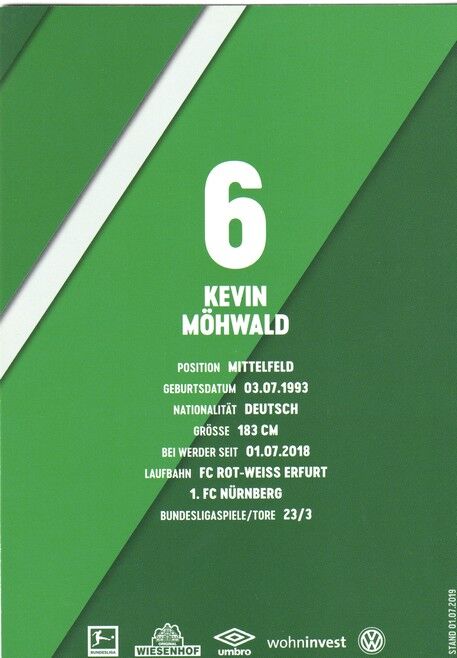 Autogramm Fussball | SV Werder Bremen | 2019 Druck | Kevin MÖHWALD