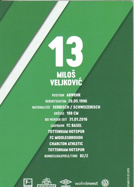 Autogramm Fussball | SV Werder Bremen | 2019 Druck | Milos VELJKOVIC