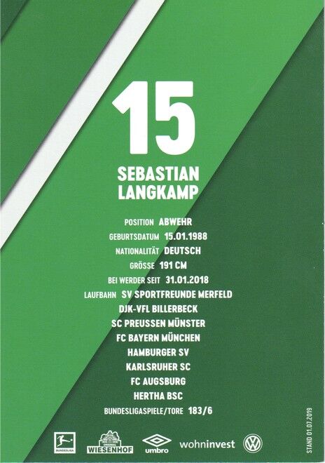Autogramm Fussball | SV Werder Bremen | 2019 Druck | Sebastian LANGKAMP