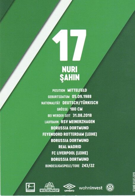 Autogramm Fussball | SV Werder Bremen | 2019 Druck | Nuri SAHIN
