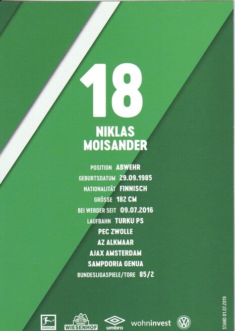 Autogramm Fussball | SV Werder Bremen | 2019 Druck | Niklas MOISANDER