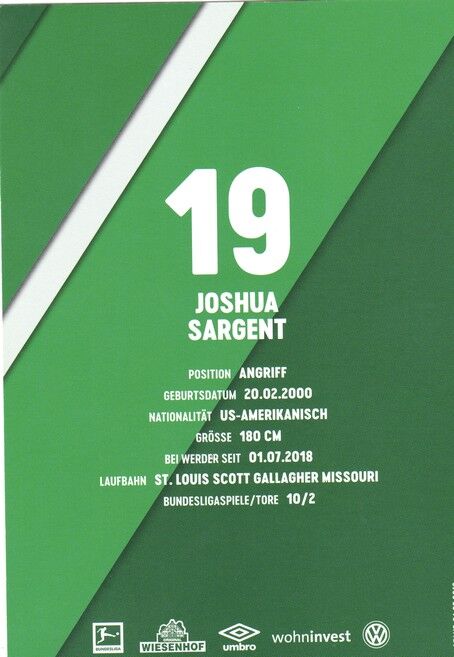 Autogramm Fussball | SV Werder Bremen | 2019 Druck | Joshua SARGENT