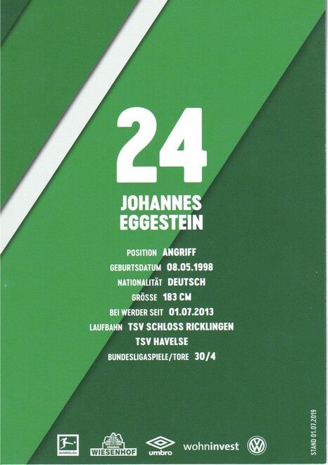 Autogramm Fussball | SV Werder Bremen | 2019 Druck | Johannes EGGESTEIN