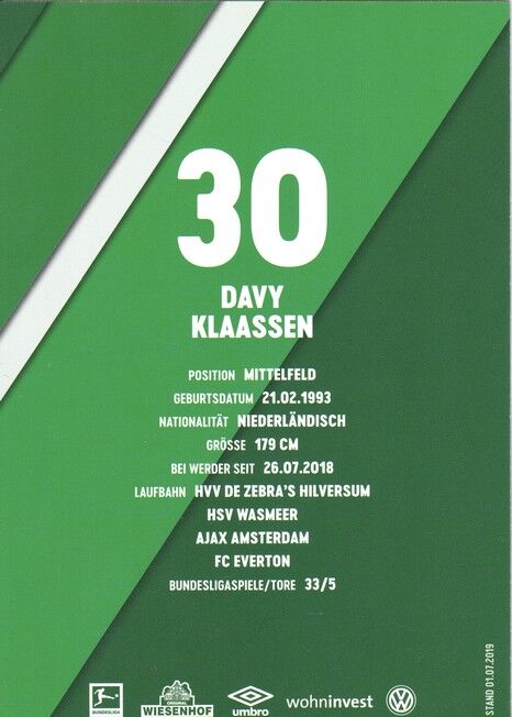 Autogramm Fussball | SV Werder Bremen | 2019 Druck | Davy KLAASSEN