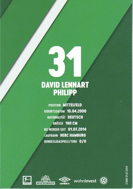 Autogramm Fussball | SV Werder Bremen | 2019 Druck | David Lennart PHILIPP