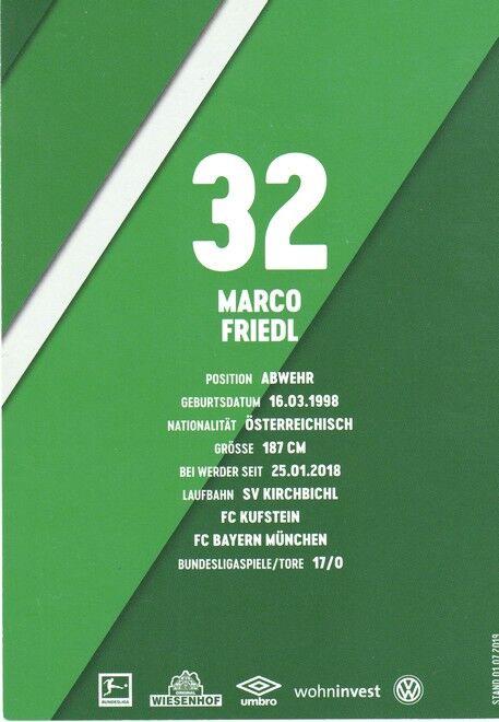 Autogramm Fussball | SV Werder Bremen | 2019 Druck | Marco FRIEDL