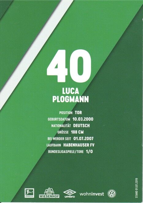 Autogramm Fussball | SV Werder Bremen | 2019 Druck | Luca PLOGMANN