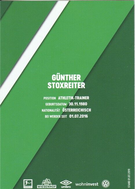 Autogramm Fussball | SV Werder Bremen | 2019 Druck | Günther STOXREITER