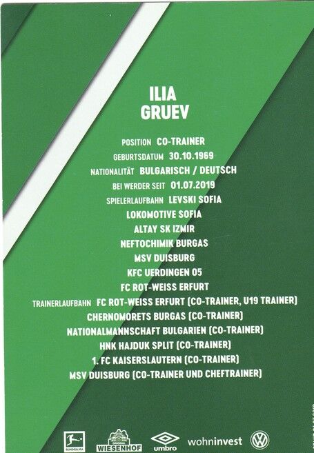 Autogramm Fussball | SV Werder Bremen | 2019 Druck | Ilia GRUEV (Co)