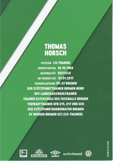 Autogramm Fussball | SV Werder Bremen | 2019 Druck | Thomas HIRSCH