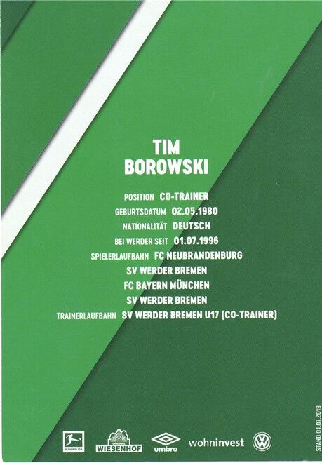 Autogramm Fussball | SV Werder Bremen | 2019 Druck | Tim BOROWSKI
