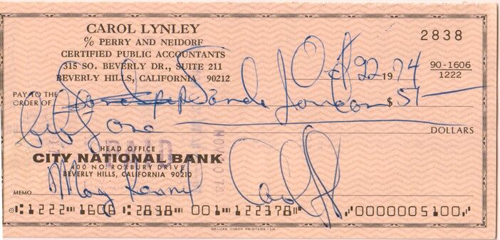 Autogramm Film (USA | Carol LYNLEY | 1974 (Scheck City Bank)