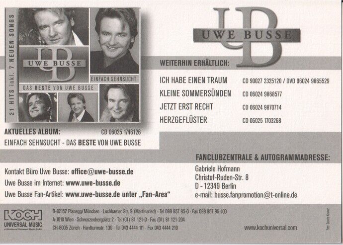 Autogramm Schlager | Uwe BUSSE | 2008 "Einfach Sehnsucht" (Portrait Color Koch)