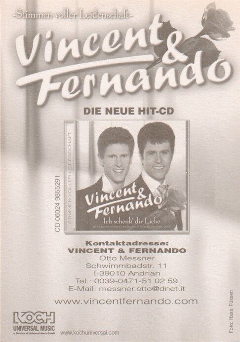Autogramme Volksmusik | VINCENT & FERNANDO | 2006 "Ich Schenk Dir Liebe" (Portrait Color Koch)