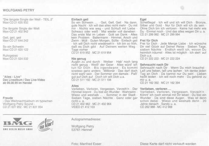 Autogramm Schlager | Wolfgang PETRY | 1999 "Alles - Live" (Portrait Color BMG)