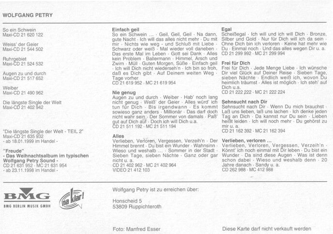 Autogramm Schlager | Wolfgang PETRY | 1998 "Freude" (Portrait Color BMG)