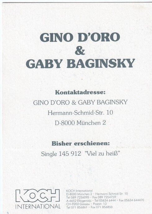 Autogramme Schlager | Gaby BAGINSKY & Gino D´ORO |  1991 "Viel zu Heiss" (Portrait Color Koch)
