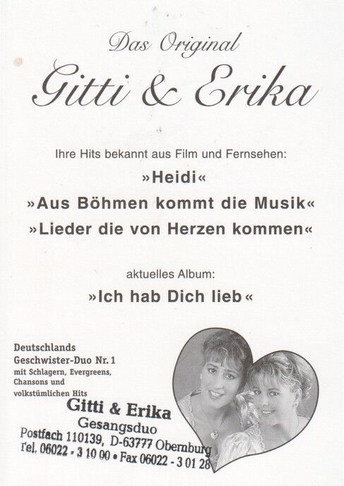 Autogramme Volksmusik | GITTI & ERIKA | 1996 "Ich Hab Dich Lieb" (Portrait Color)