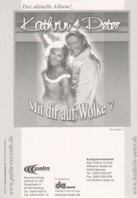 Autogramme Schlager | KATHRIN & PETER | 2002 "Mit Dir Auf Wolke 7" (Portrait Color Palm)