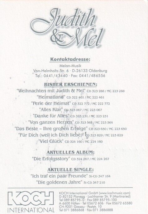Autogramme Schlager | JUDITH & MEL | 1999 "Erfolgsstory" (Portrait Color Koch)
