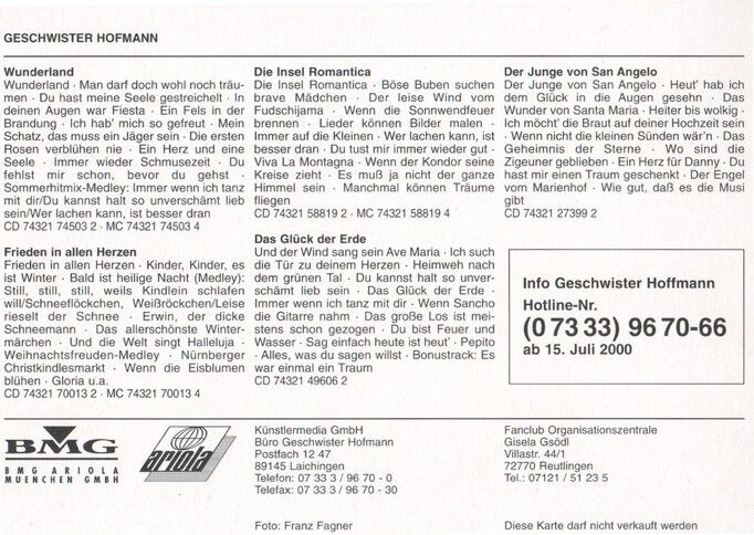 Autogramme Schlager | GESCHWISTER HOFMANN | 2000 "Wunderland" (Portrait Color BMG)